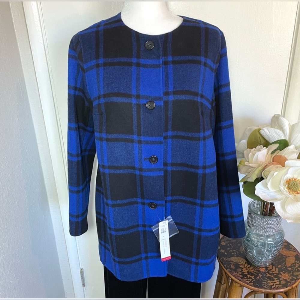 NWT Talbots Petite Large Lp Double Faced Blue Plaid Check Black Blazer Jacket